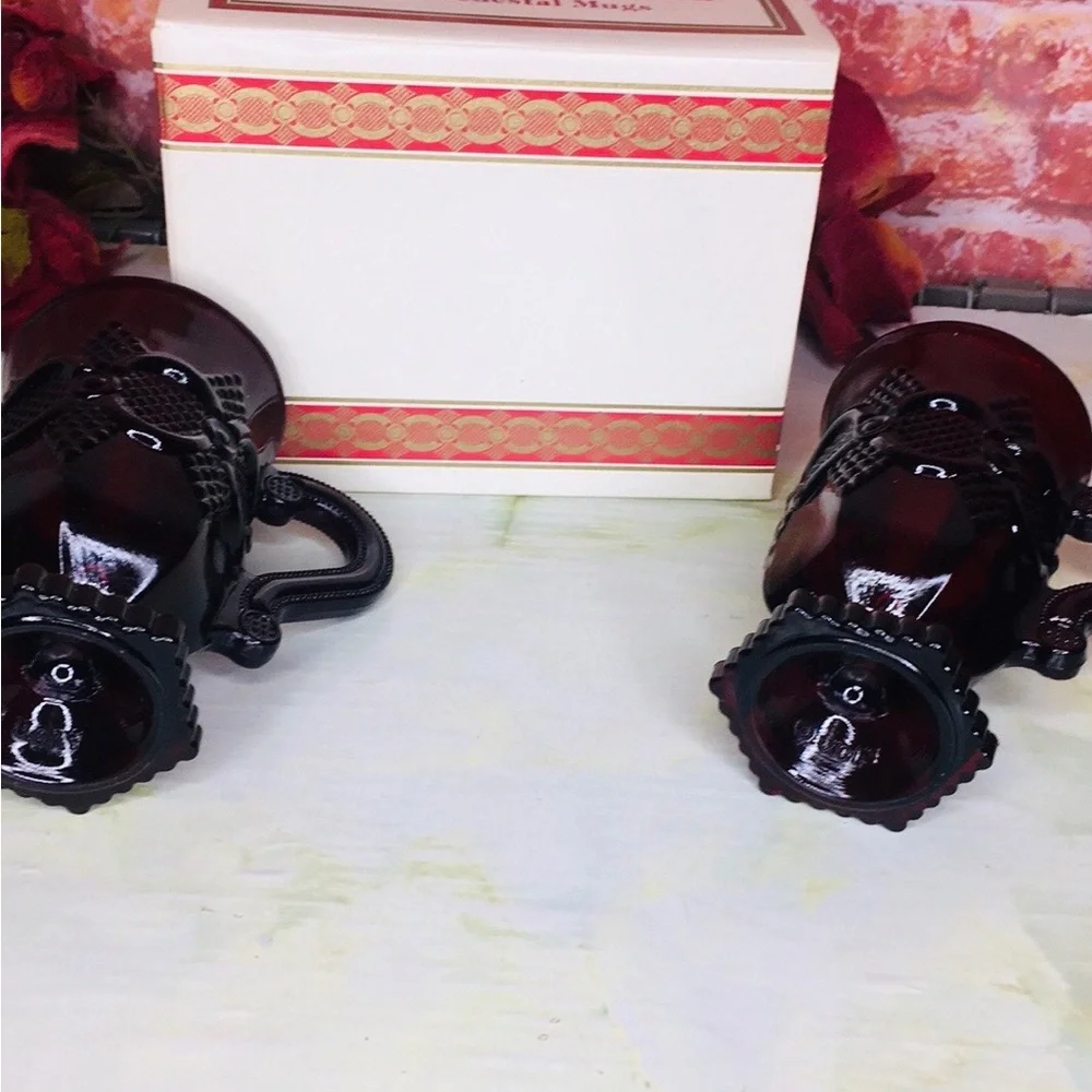 Vintage Avon 1876 Cape Cod Collection Ruby Red Glass Pedestal Mugs